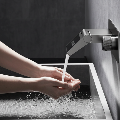 Luxury Gunmetal Brass Bathroom Faucet – Wall-Mounted Hot and Cold Mixer Tap with LED Digital Display and Elegant Single-Handle Design