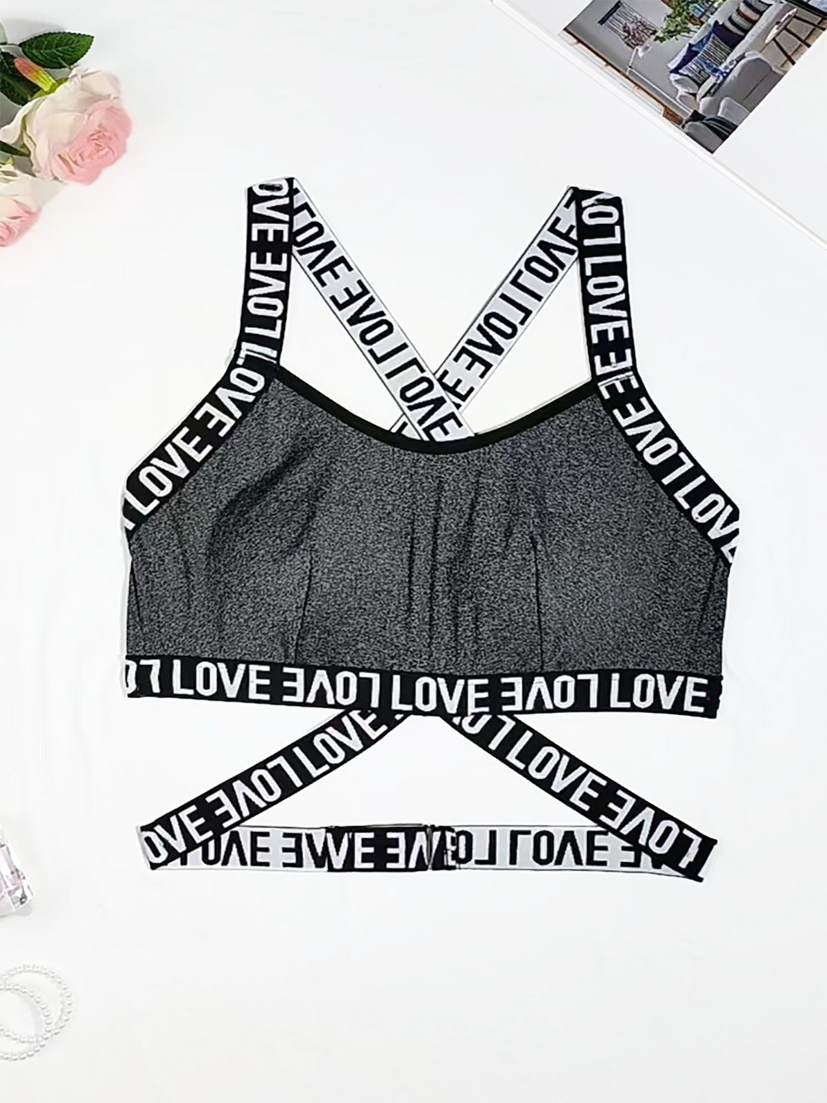 Plus-Size Cutout Sports Bra – Letter Print Wireless Crop Top with Hollow Front and Back Design for Workouts, Gym Training and Athleisure Style