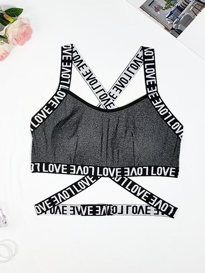 Plus-Size Cutout Sports Bra – Letter Print Wireless Crop Top with Hollow Front and Back Design for Workouts, Gym Training and Athleisure Style