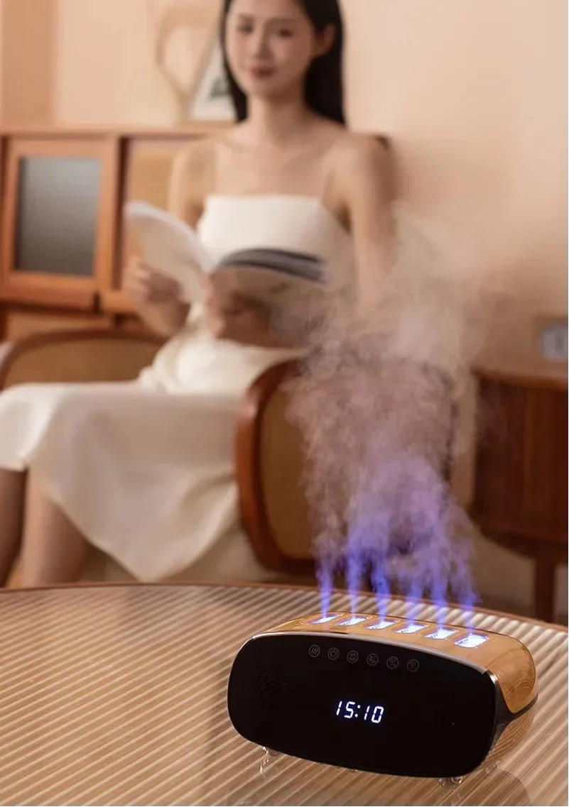 Bluetooth Speaker Humidifier – Dynamic Pickup Clock Mist Diffuser with Ambient RGB Lighting for Bedroom and Office Relaxation