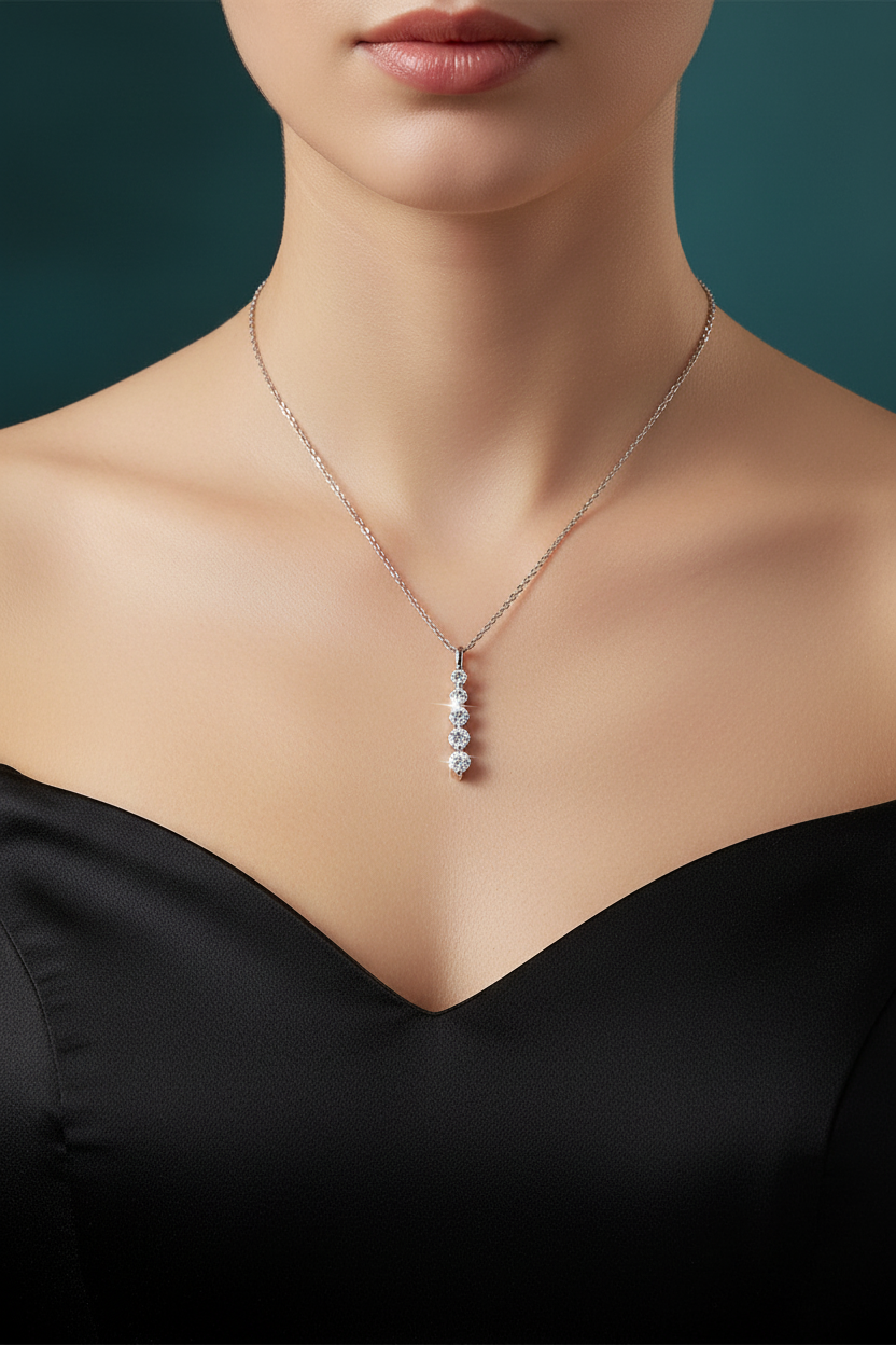 Five-Stone Moissanite Drop Necklace – Brilliant 14K Gold-Filled Long Pendant for Women, Wedding Jewelry, Romantic Gifts and Sophisticated Evening Styling