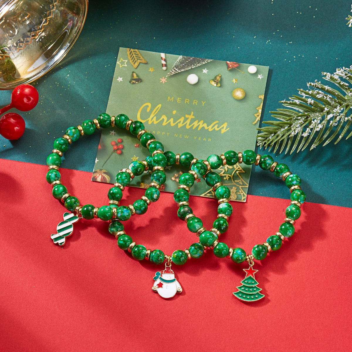 Santa Bead Bracelet Set – Colorful Christmas Stretch Bracelets with Reindeer Charms for Women and Holiday Gifts