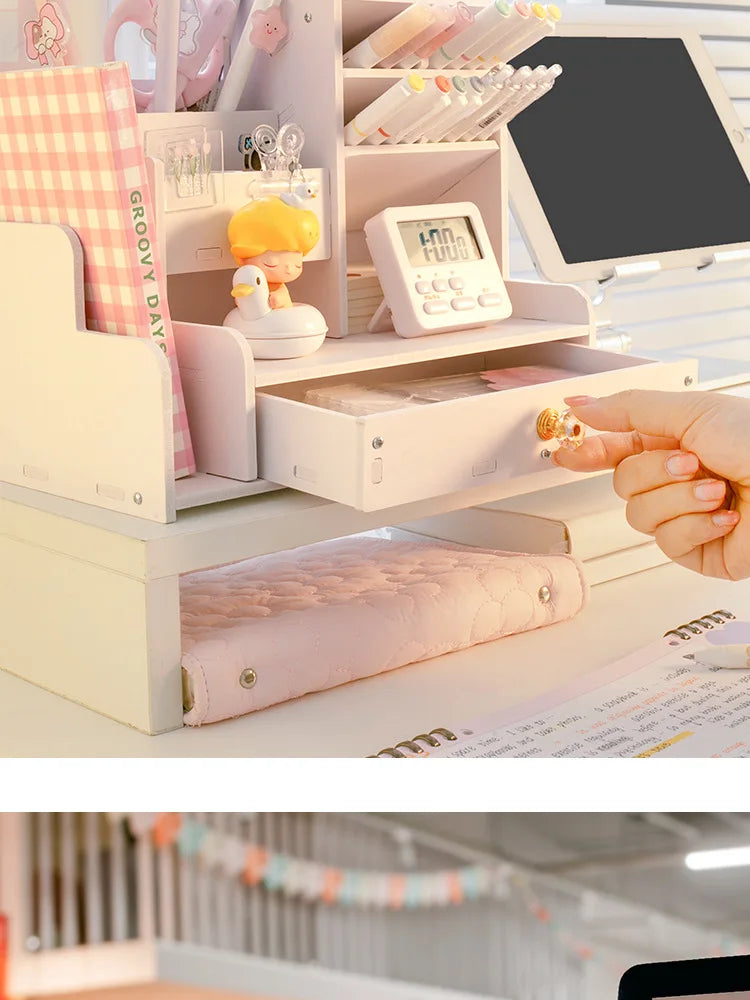 Wooden Desk Organizer – Multi Compartment Stationery Holder with Bookshelf for Office Supplies, Pens and Desktop Organization