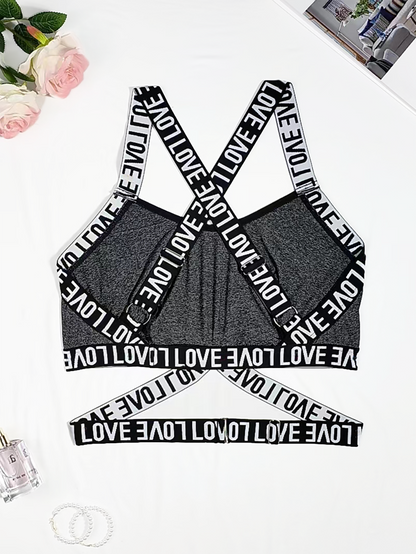 Plus-Size Cutout Sports Bra – Letter Print Wireless Crop Top with Hollow Front and Back Design for Workouts, Gym Training and Athleisure Style