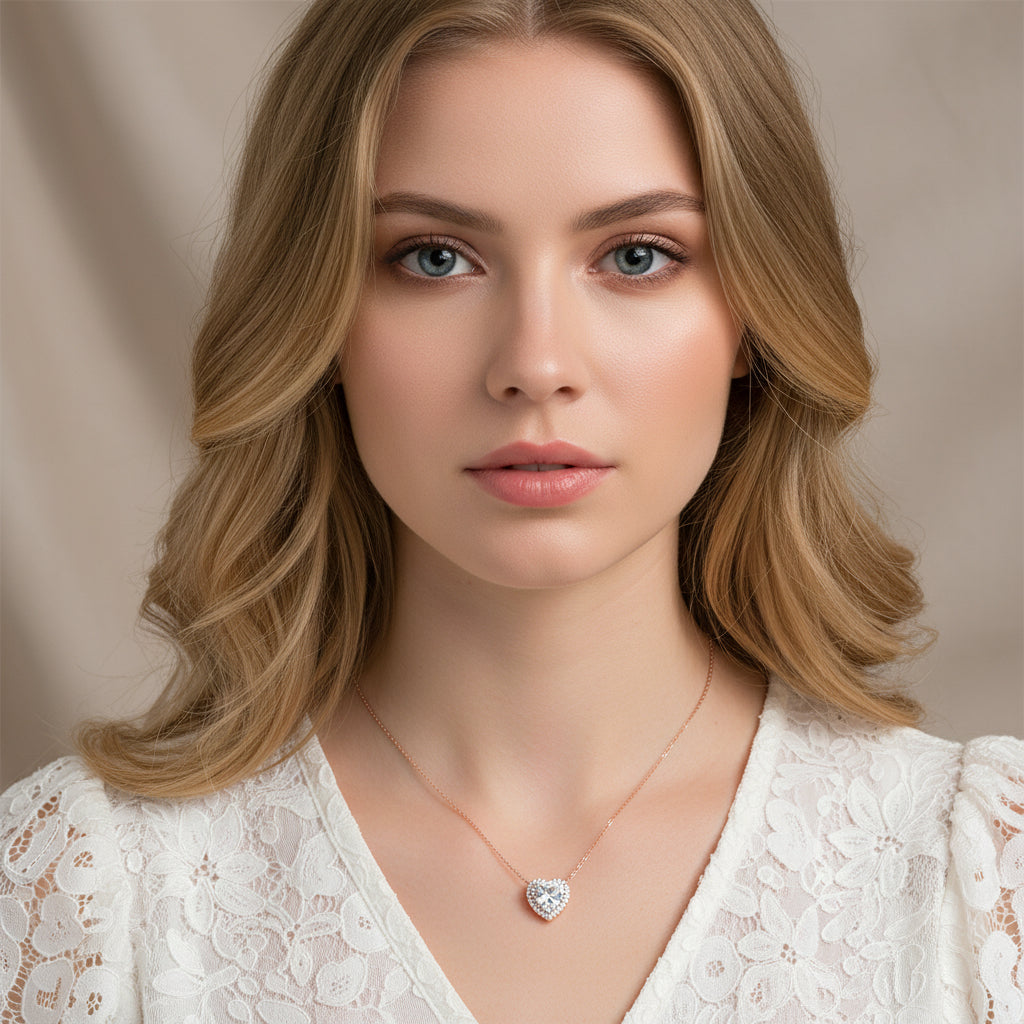 Full Moissanite Heart Halo Pendant Necklace – Certified S925 Silver Diamond-Look Fine Jewelry for Women, Elegant Wedding Accessory, Romantic Gift and Party Style