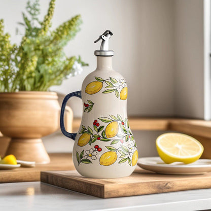 Ceramic Olive Oil Dispenser – BPA-Free Embossed Kitchen Bottle for Olive Oil, Vinegar and Cooking Storage with Elegant Underglaze Design