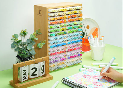 Bamboo Marker Organizer – Wooden Desktop Storage Holder for 126 Markers, Pens, Pencils and Art Brushes, Space-Saving Stationery Organizer