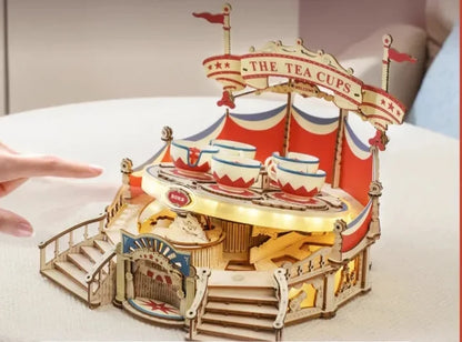 Tilt-A-Whirl Wooden Puzzle – 3D Amusement Park Building Model for Kids, Adults and Creative Display Gift Collection