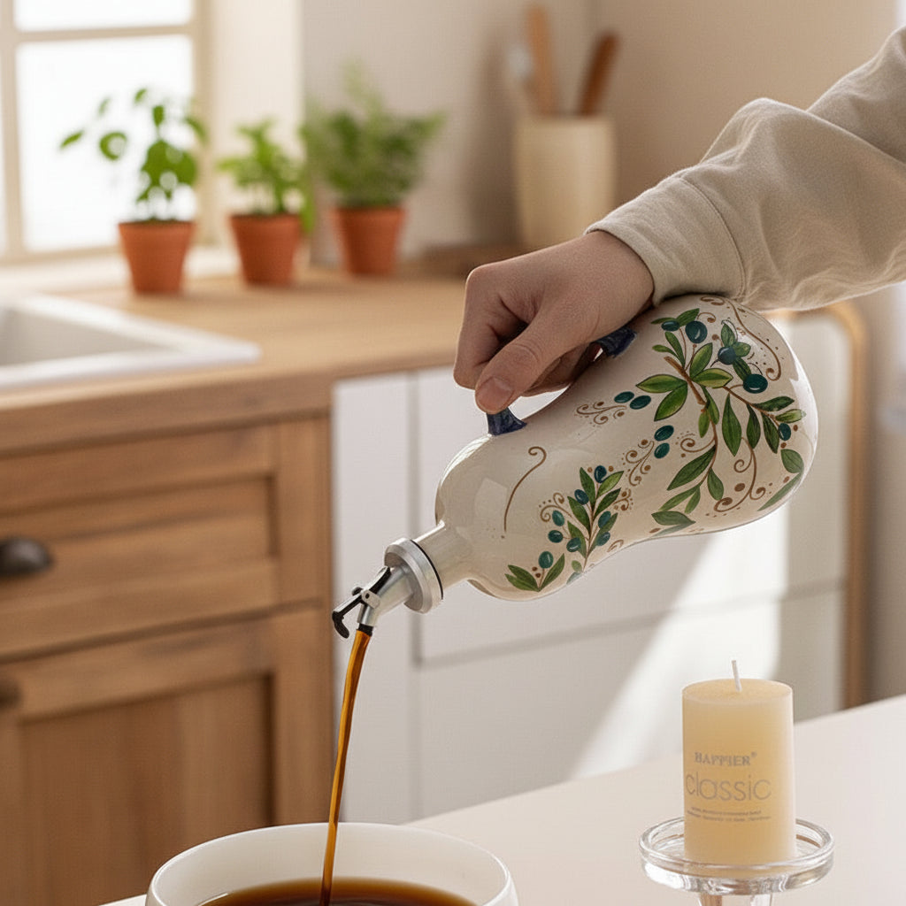 Ceramic Olive Oil Dispenser – BPA-Free Embossed Kitchen Bottle for Olive Oil, Vinegar and Cooking Storage with Elegant Underglaze Design