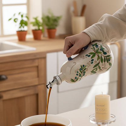 Ceramic Olive Oil Dispenser – BPA-Free Embossed Kitchen Bottle for Olive Oil, Vinegar and Cooking Storage with Elegant Underglaze Design