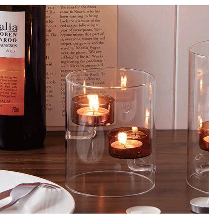 European Glass Candle Holder – Windproof Brown Cylindrical Candle Stand for Dining Tables, Weddings and Elegant Home Decor