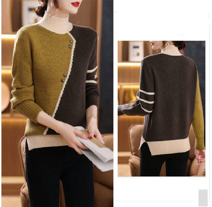 Half Turtleneck Knit Sweater – Women's Thick Long Sleeve Pullover for Cozy Autumn Winter Layering and Everyday Fashion