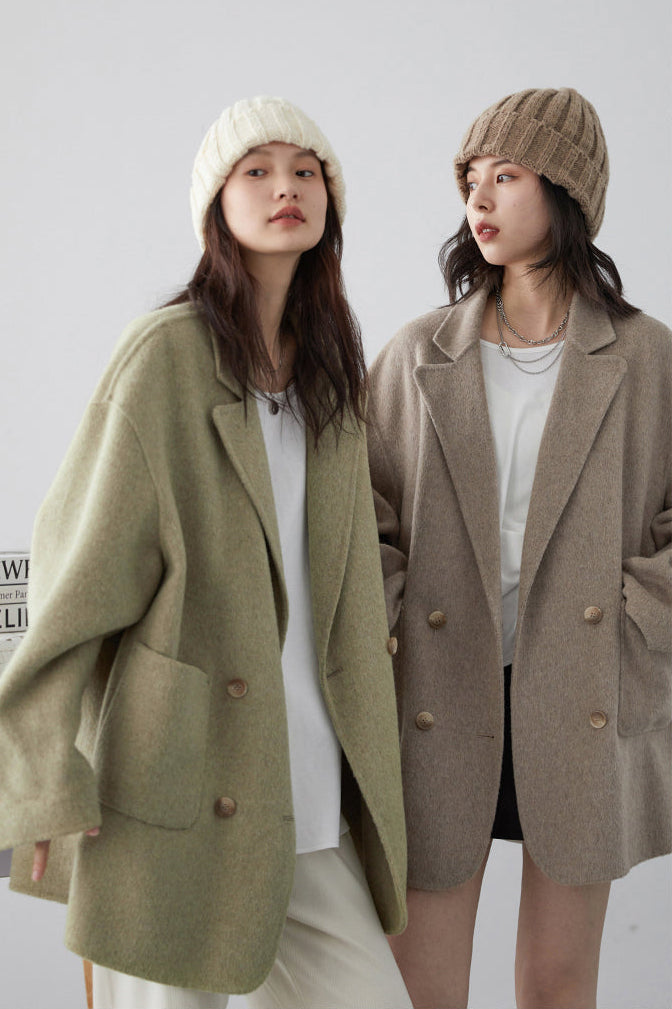 Women’s Woolen Coat – Loose Double Breasted Retro Jacket with Double-Sided Design for Elegant Office Style, Autumn Winter Fashion and Daily Wear