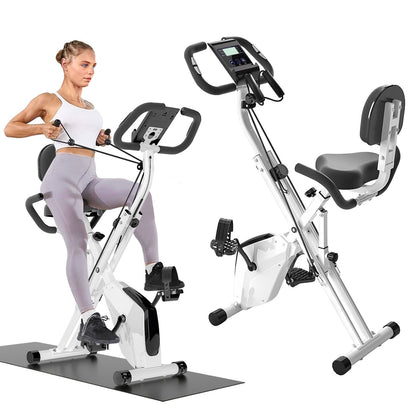 Foldable Exercise Bike – Indoor Stationary Fitness Bicycle with 8 Resistance Levels, Heart Rate Sensors and LCD Workout Display