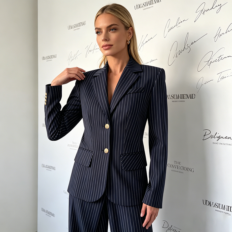 Pinstripe Blazer Pants Set – Backless Tie Waist Two Piece Office Suit with Wide Leg Trousers for Modern Business Fashion