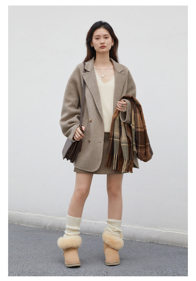 Women’s Woolen Coat – Loose Double Breasted Retro Jacket with Double-Sided Design for Elegant Office Style, Autumn Winter Fashion and Daily Wear