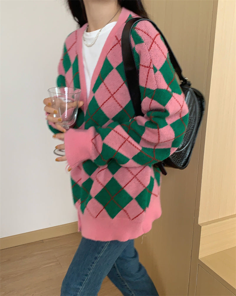 Korean Diamond Plaid Cardigan – Women's Loose Knit Sweater Coat for Warm Autumn Winter Layering and Casual Fashion