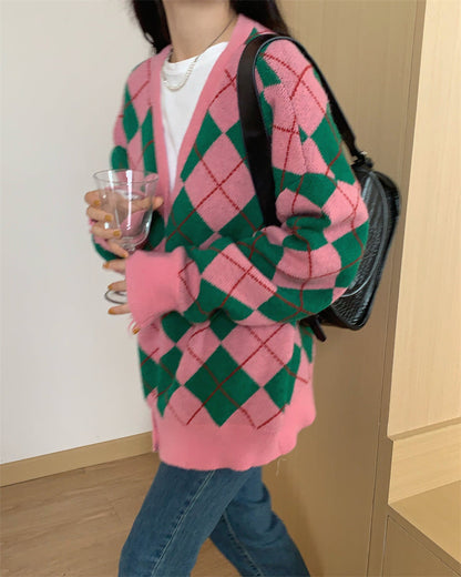 Korean Diamond Plaid Cardigan – Women's Loose Knit Sweater Coat for Warm Autumn Winter Layering and Casual Fashion