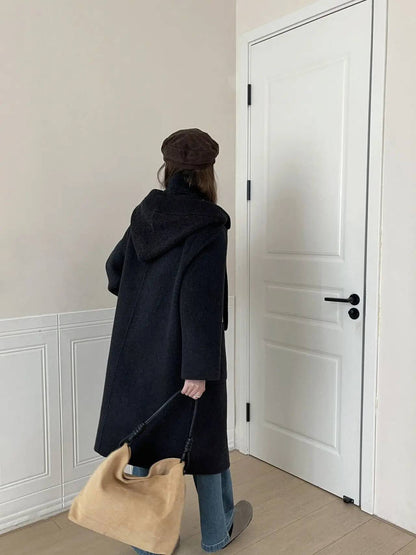 Women's Hooded Wool Coat – Thick Mid Length Winter Overcoat for Plus Size Comfort and Elegant Cold Weather Style