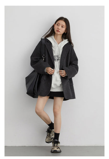 Women’s Woolen Coat – Loose Double Breasted Retro Jacket with Double-Sided Design for Elegant Office Style, Autumn Winter Fashion and Daily Wear