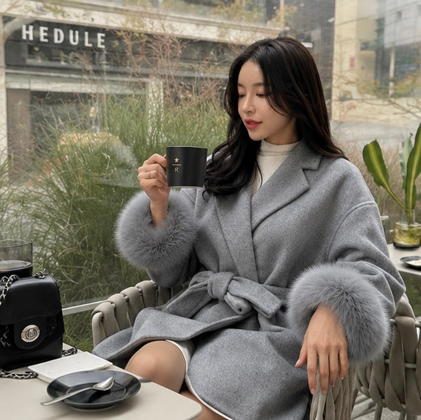 Women’s Wool Blend Lapel Coat – Chic Single Breasted Lace Up Jacket for High Street Fashion and Everyday Elegance