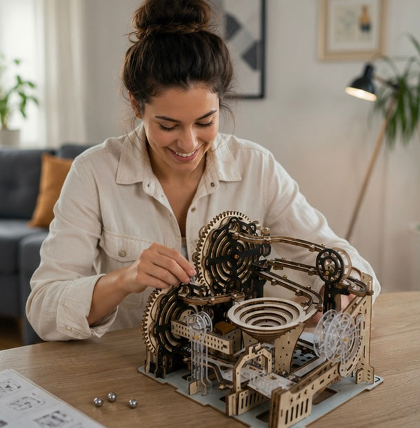 Electric 3D Wooden Marble Run Puzzle - DIY Mechanical Model Kit Brain Teaser for Adults, Kids and Creative Gift Giving