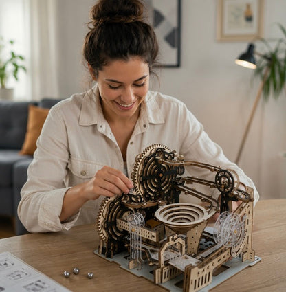 Electric 3D Wooden Marble Run Puzzle - DIY Mechanical Model Kit Brain Teaser for Adults, Kids and Creative Gift Giving