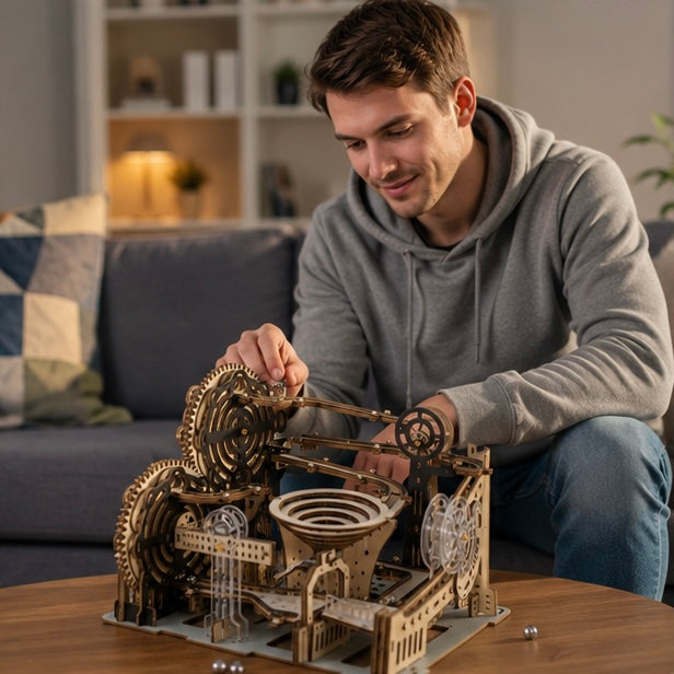 Electric 3D Wooden Marble Run Puzzle - DIY Mechanical Model Kit Brain Teaser for Adults, Kids and Creative Gift Giving