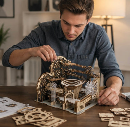 Electric 3D Wooden Marble Run Puzzle - DIY Mechanical Model Kit Brain Teaser for Adults, Kids and Creative Gift Giving