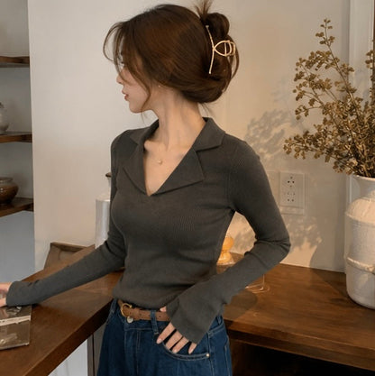 Women’s Knitted Long Sleeve Shirt – Casual Fashion Sweater Top with Modern Minimalist Design for Everyday Spring Style