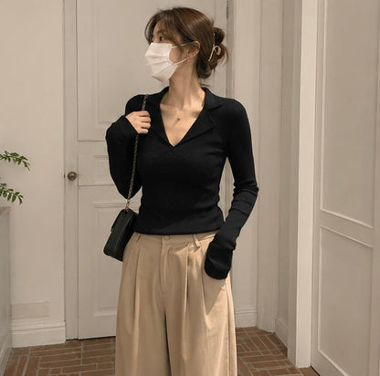 Women’s Knitted Long Sleeve Shirt – Casual Fashion Sweater Top with Modern Minimalist Design for Everyday Spring Style