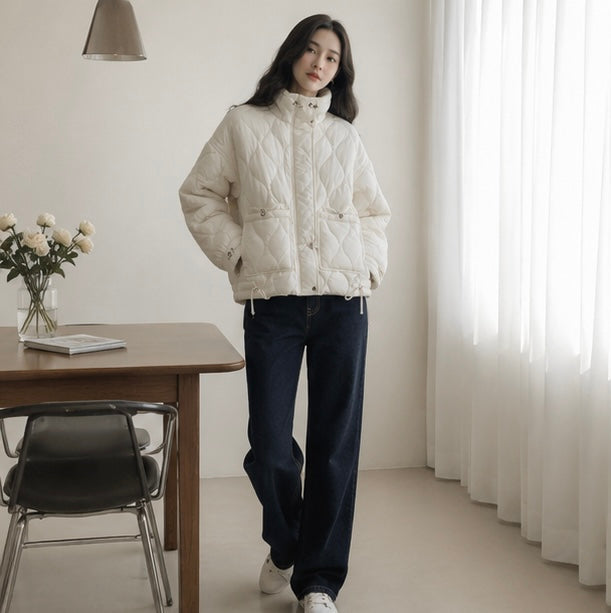 Women’s Quilted Drawstring Jacket – High Neck Cotton Padded Coat with Pockets for Casual Autumn Winter Layering Style