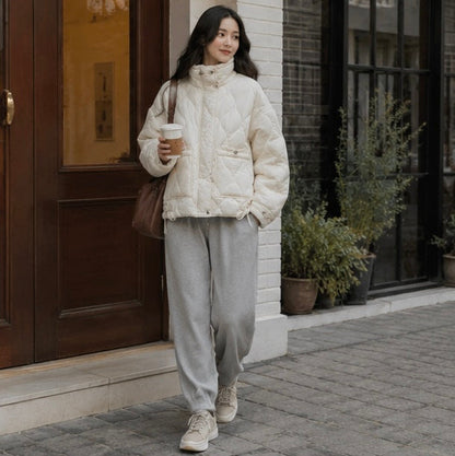 Women’s Quilted Drawstring Jacket – High Neck Cotton Padded Coat with Pockets for Casual Autumn Winter Layering Style