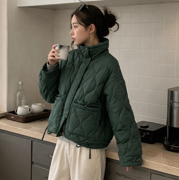Women’s Quilted Drawstring Jacket – High Neck Cotton Padded Coat with Pockets for Casual Autumn Winter Layering Style
