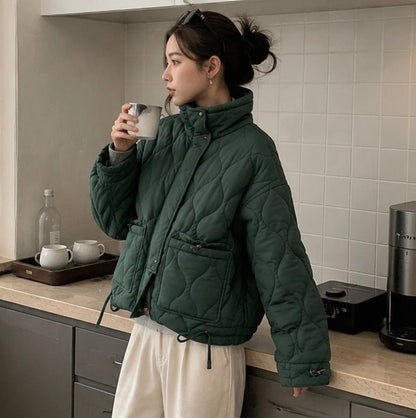 Women’s Quilted Drawstring Jacket – High Neck Cotton Padded Coat with Pockets for Casual Autumn Winter Layering Style