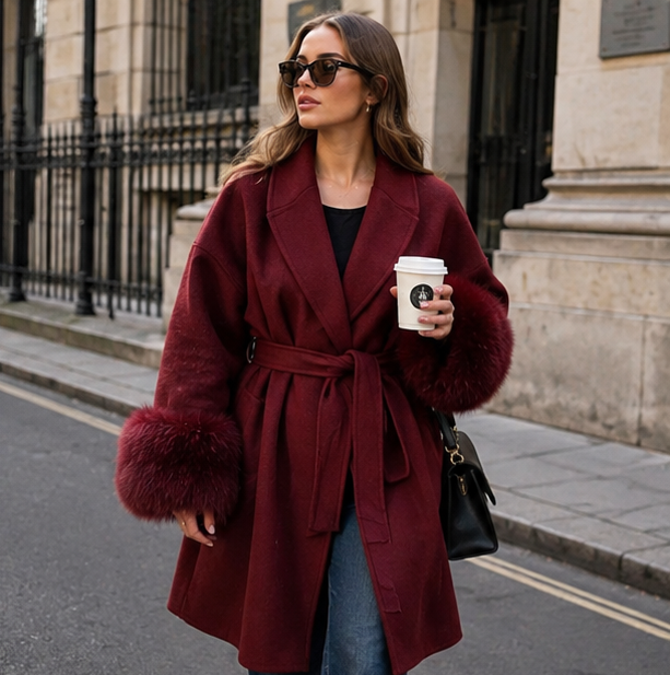 Elegant Double Sided Wool Belted Coat – Women’s Lace-Up Short Jacket with Fur Cuffs for Chic Autumn Winter Office and Everyday Style