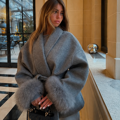 Elegant Double Sided Wool Belted Coat – Women’s Lace-Up Short Jacket with Fur Cuffs for Chic Autumn Winter Office and Everyday Style