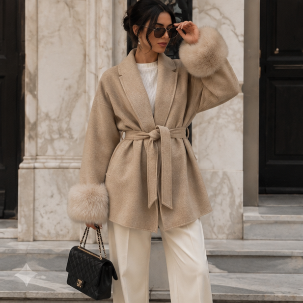 Elegant Double Sided Wool Belted Coat – Women’s Lace-Up Short Jacket with Fur Cuffs for Chic Autumn Winter Office and Everyday Style