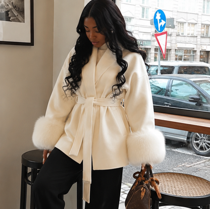 Elegant Double Sided Wool Belted Coat – Women’s Lace-Up Short Jacket with Fur Cuffs for Chic Autumn Winter Office and Everyday Style