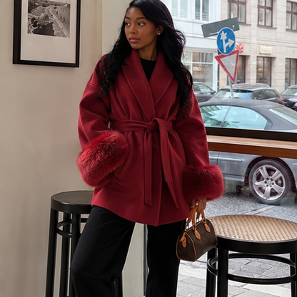 Elegant Double Sided Wool Belted Coat – Women’s Lace-Up Short Jacket with Fur Cuffs for Chic Autumn Winter Office and Everyday Style