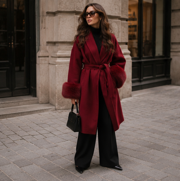 Elegant Double Sided Wool Belted Coat – Women’s Lace-Up Short Jacket with Fur Cuffs for Chic Autumn Winter Office and Everyday Style