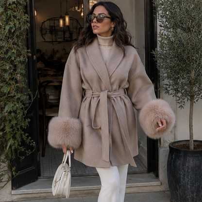 Elegant Double Sided Wool Belted Coat – Women’s Lace-Up Short Jacket with Fur Cuffs for Chic Autumn Winter Office and Everyday Style