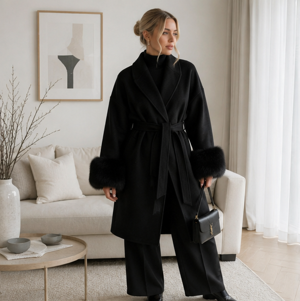 Elegant Double Sided Wool Belted Coat – Women’s Lace-Up Short Jacket with Fur Cuffs for Chic Autumn Winter Office and Everyday Style