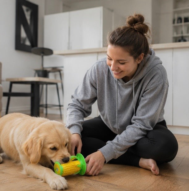 Dog Chew Stick Teething Toy - Squeaky Bite Resistant Pet Toy for Aggressive Chewers, Dental Cleaning and Interactive Fun