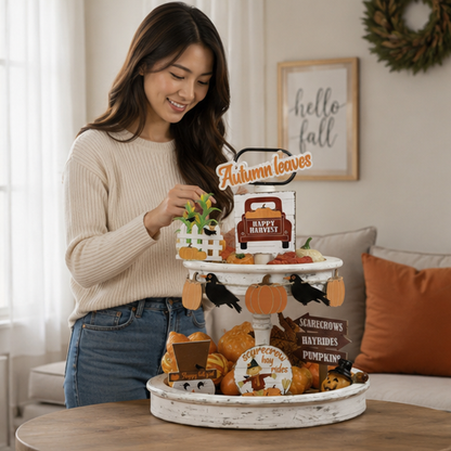 Fall Harvest Tiered Tray Decor Set – 10 Piece Thanksgiving Decoration Collection with Pumpkins, Crow Banner, Truck and Scarecrow Signs