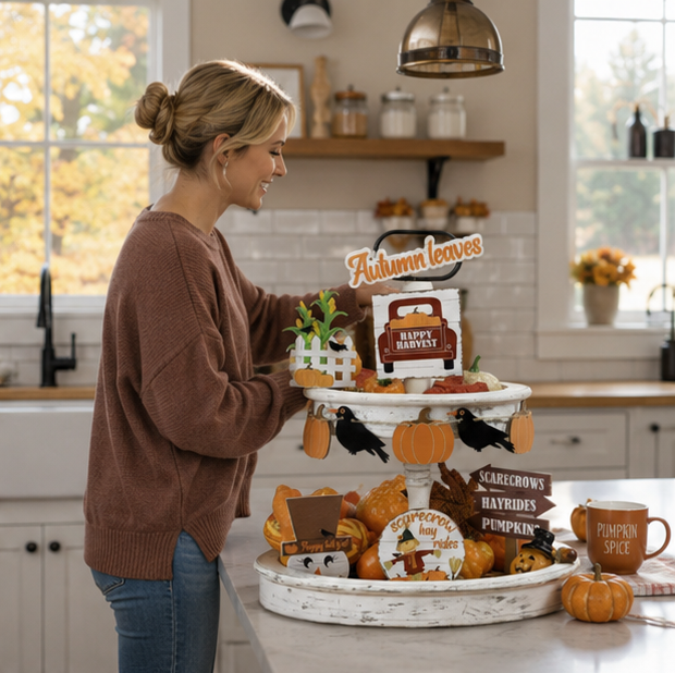 Fall Harvest Tiered Tray Decor Set – 10 Piece Thanksgiving Decoration Collection with Pumpkins, Crow Banner, Truck and Scarecrow Signs