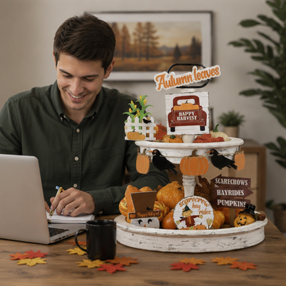 Fall Harvest Tiered Tray Decor Set – 10 Piece Thanksgiving Decoration Collection with Pumpkins, Crow Banner, Truck and Scarecrow Signs