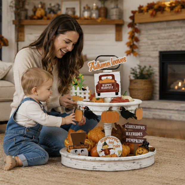 Fall Harvest Tiered Tray Decor Set – 10 Piece Thanksgiving Decoration Collection with Pumpkins, Crow Banner, Truck and Scarecrow Signs