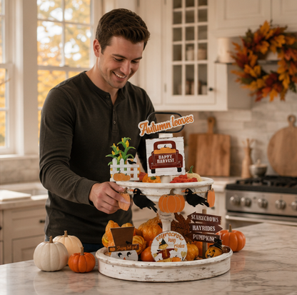 Fall Harvest Tiered Tray Decor Set – 10 Piece Thanksgiving Decoration Collection with Pumpkins, Crow Banner, Truck and Scarecrow Signs