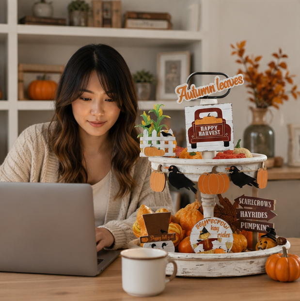 Fall Harvest Tiered Tray Decor Set – 10 Piece Thanksgiving Decoration Collection with Pumpkins, Crow Banner, Truck and Scarecrow Signs